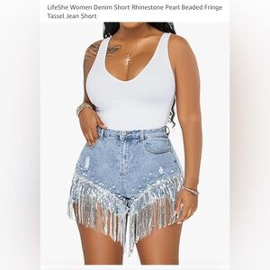 LifeShe Women Denim Short Rhinestone Pearl Beaded Fringe Tassel Jean Short